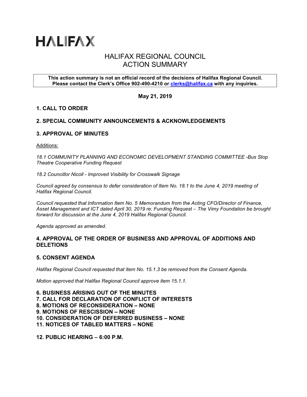 Halifax Regional Council Action Summary
