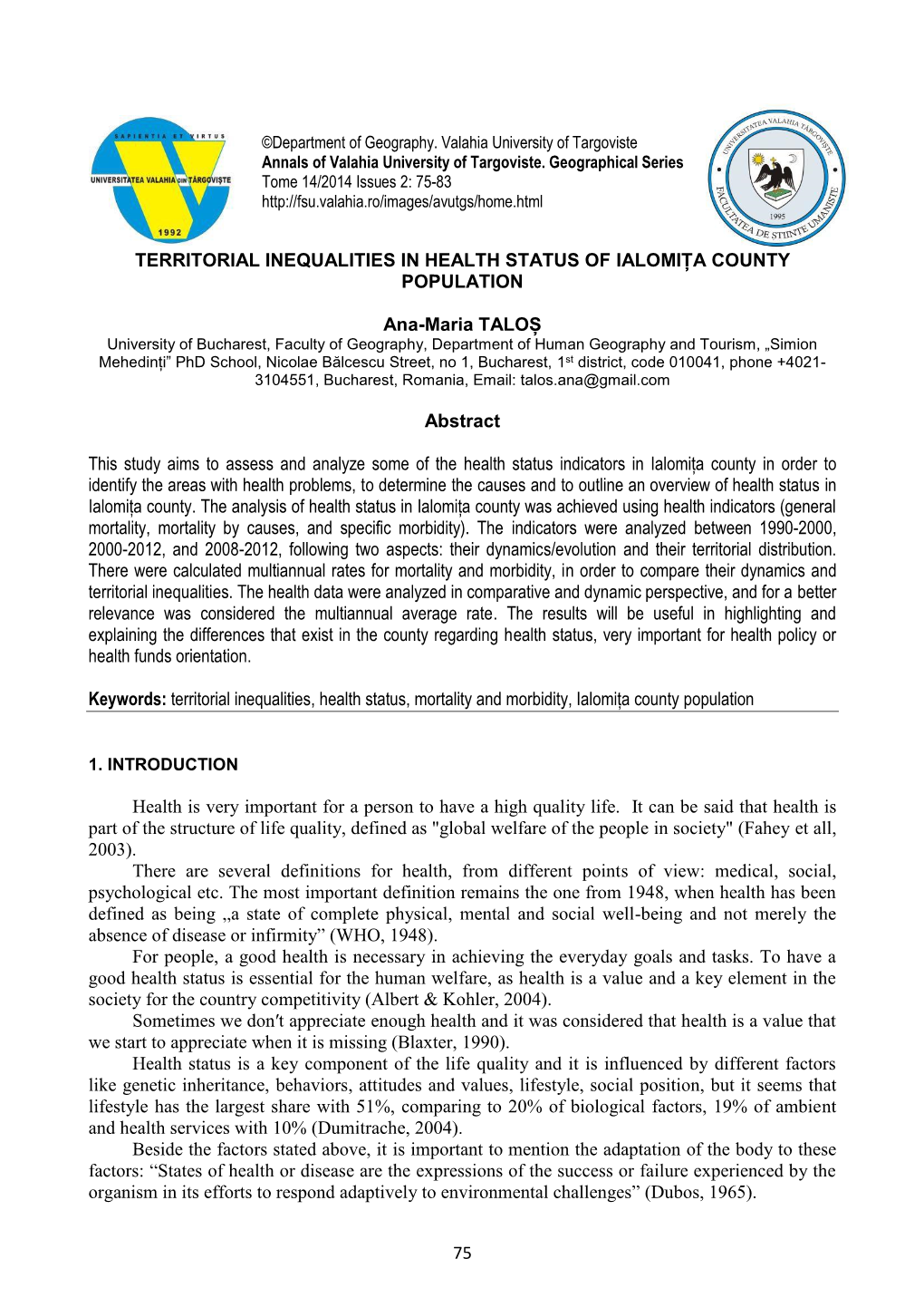 Territorial Inequalities in Health Status of Ialomița County