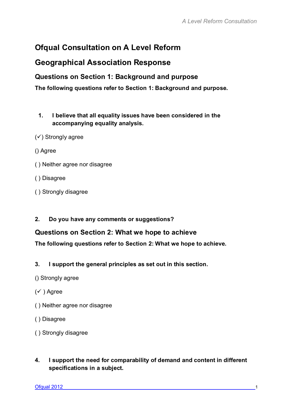 Ofqual Consultation on a Level Reform Geographical Association Response