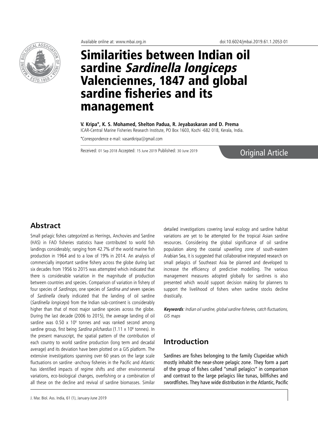 Similarities Between Indian Oil Sardine Sardinella Longiceps Valenciennes, 1847 and Global Sardine Fisheries and Its Management