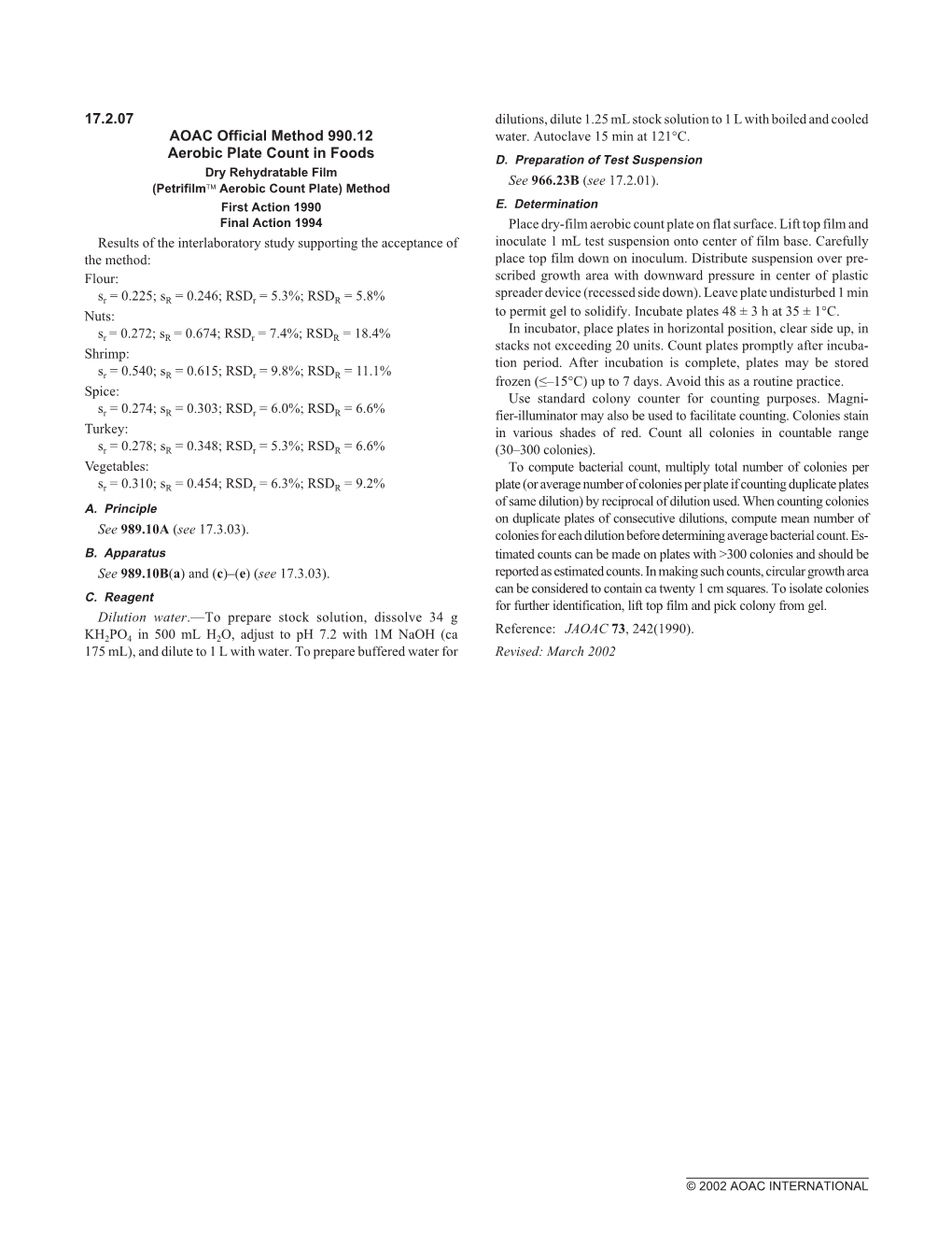 17.2.07 AOAC Official Method 990.12 Aerobic Plate Count in Foods