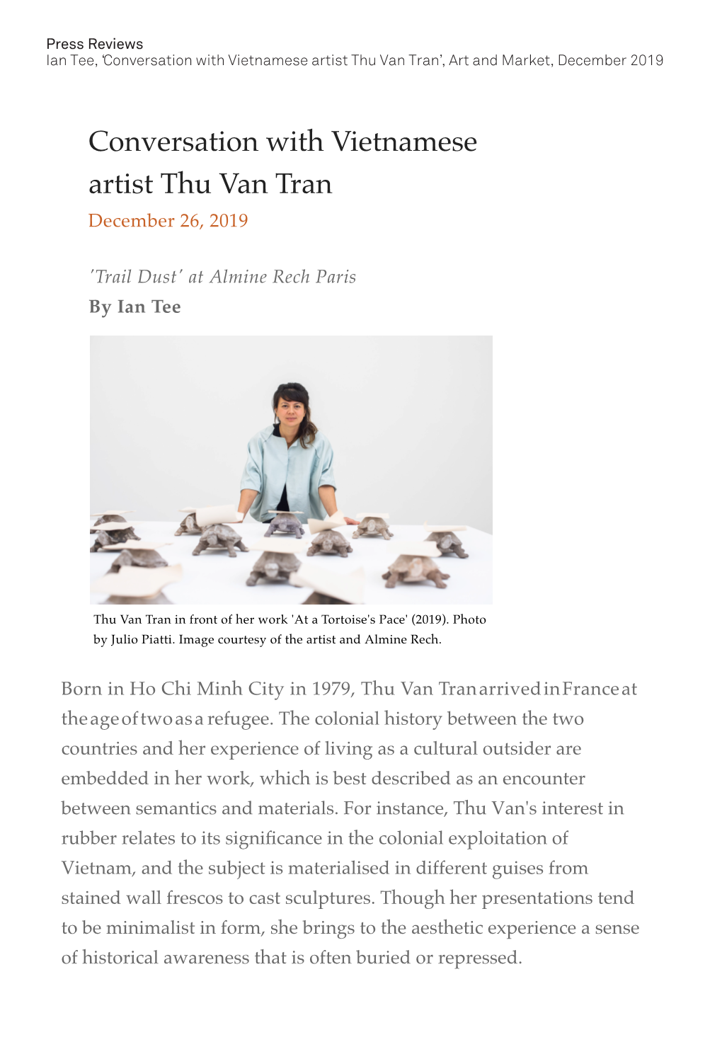 Conversation with Vietnamese Artist Thu Van Tran’, Art and Market, December 2019