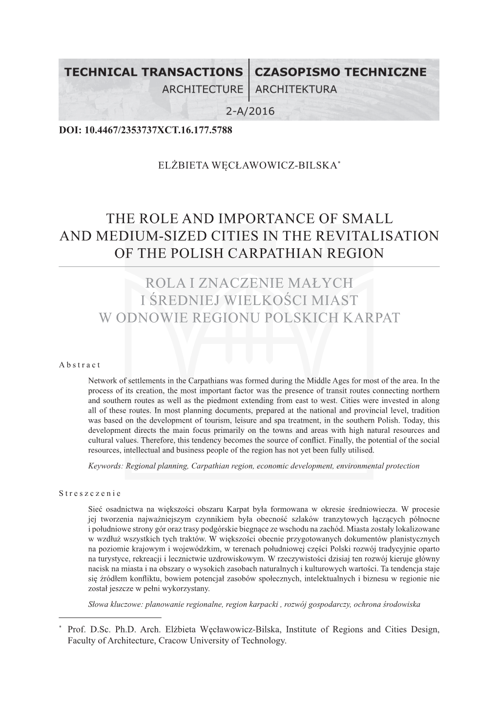 The Role and Importance of Small and Medium-Sized Cities in the Revitalisation of the Polish Carpathian Region