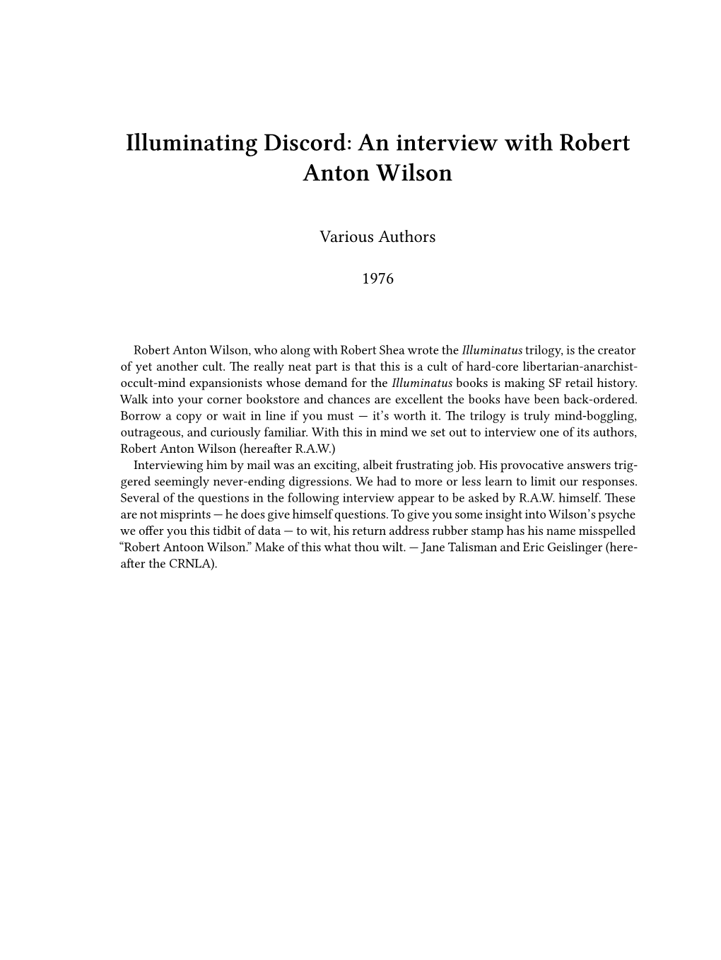 An Interview with Robert Anton Wilson