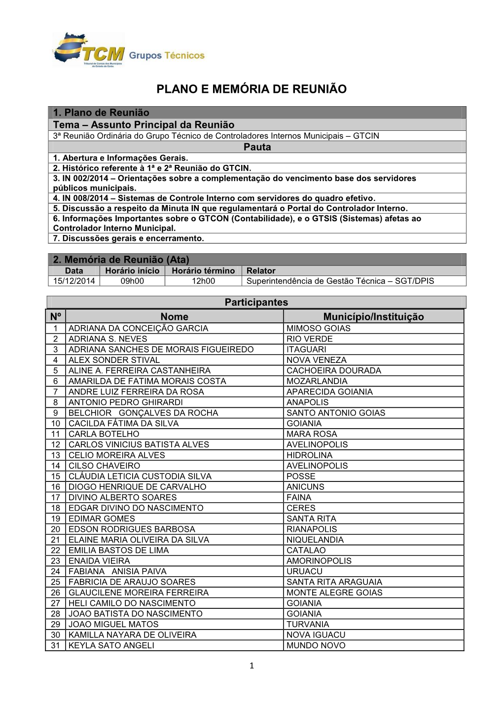 Ata) Data Horário Início Horário Término Relator 15/12/2014 09H00 12H00 Superintendência De Gestão Técnica – SGT/DPIS