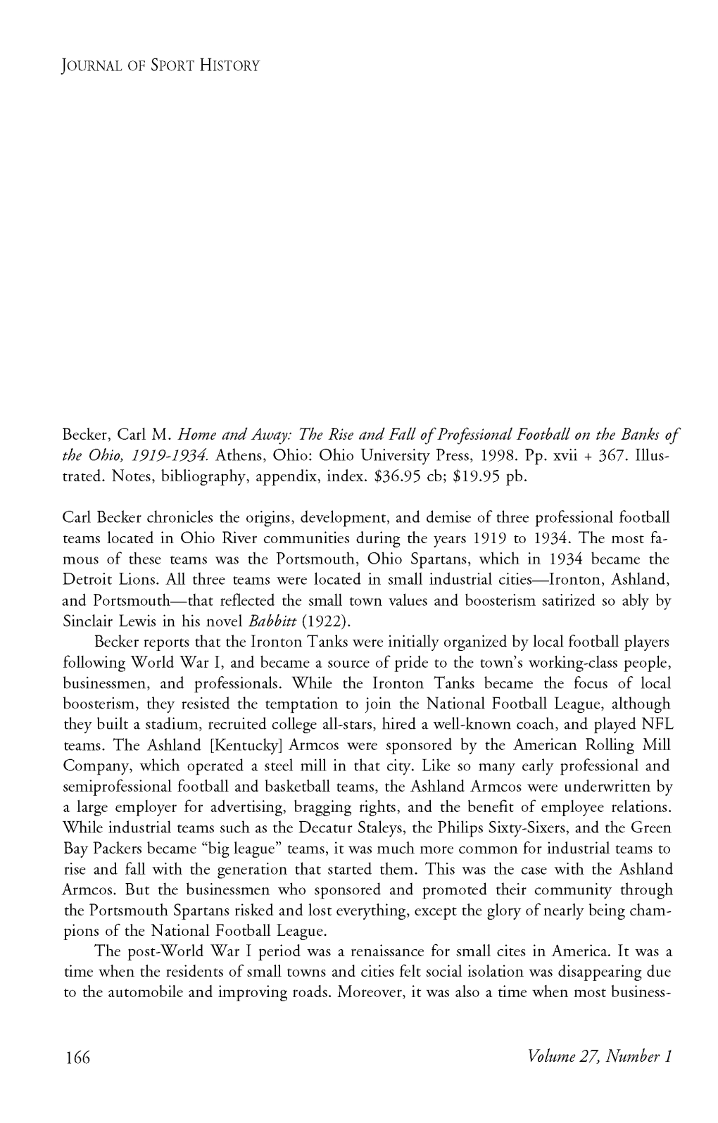 Becker, Carl M. Home and Away: the Rise and Fall O F Professional Football on the Banks O F the Ohio, 1919-1934