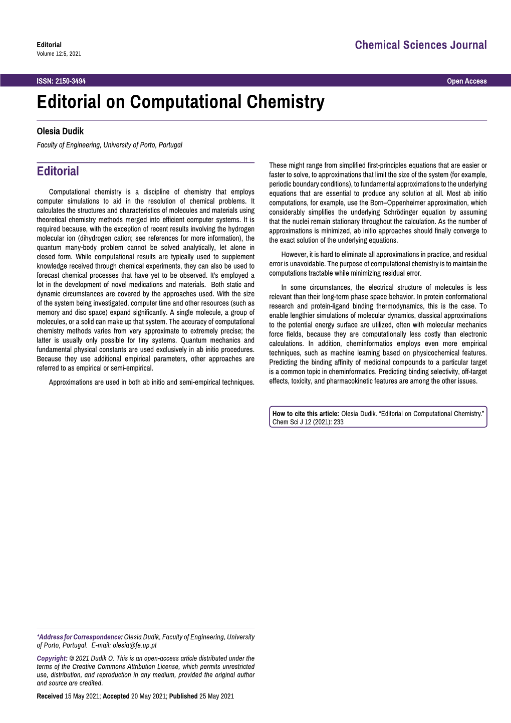 Editorial on Computational Chemistry