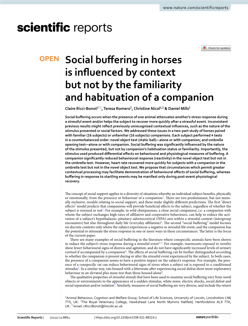 Social Buffering in Horses Is Influenced by Context but Not by The