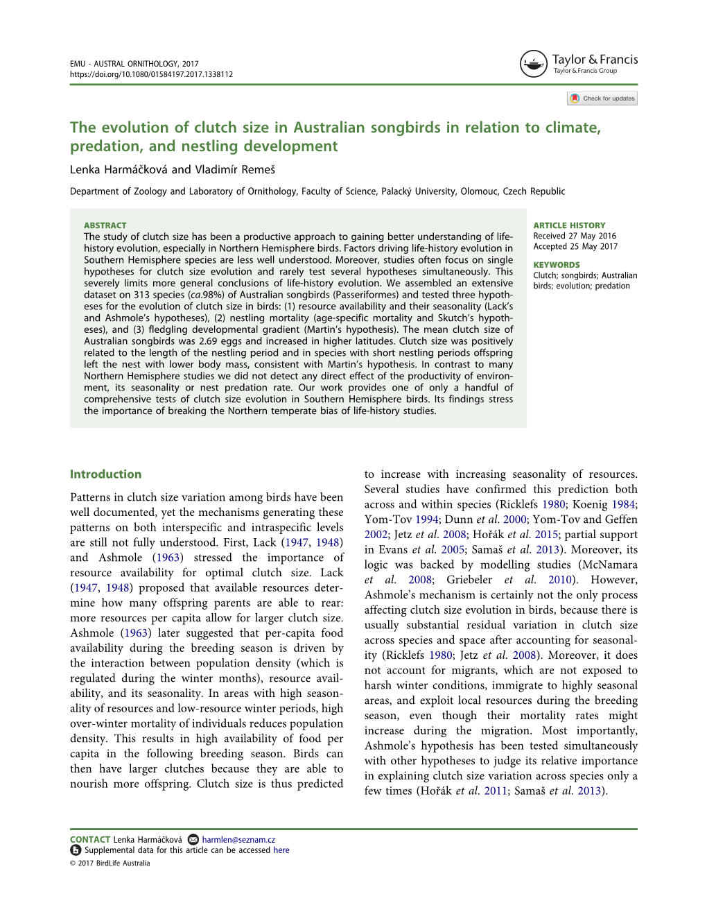 The Evolution of Clutch Size in Australian Songbirds in Relation to Climate, Predation, and Nestling Development