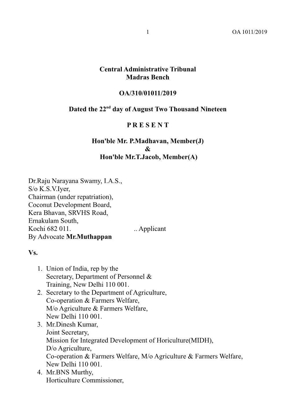 Central Administrative Tribunal Madras Bench OA/310/01011/2019