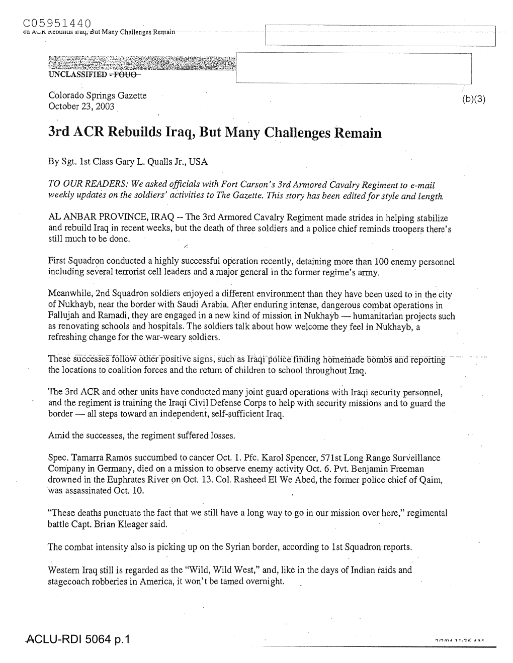 3Rd ACR Rebuilds Iraq, but Many Challenges Remain