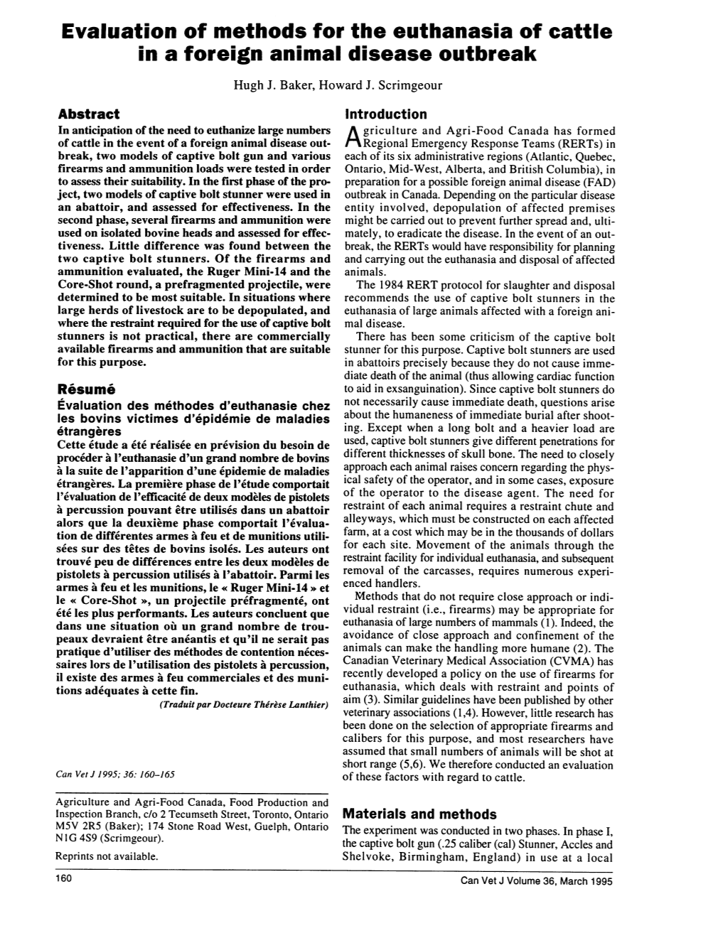 Evaluation of Methods for the Euthanasia of Cattle in a Foreign Animal Disease Outbreak Hugh J