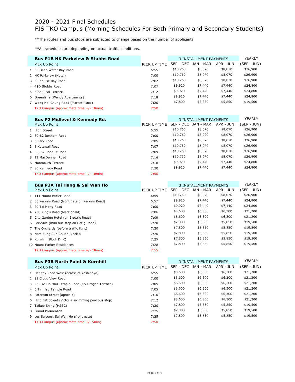 2020 - 2021 Final Schedules FIS TKO Campus (Morning Schedules for Both Primary and Secondary Students)