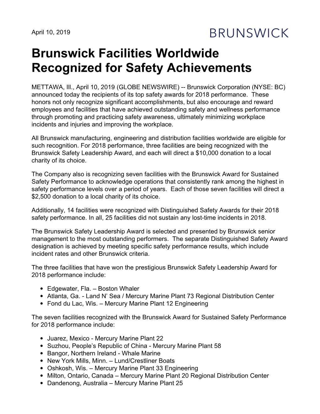 Brunswick Facilities Worldwide Recognized for Safety Achievements