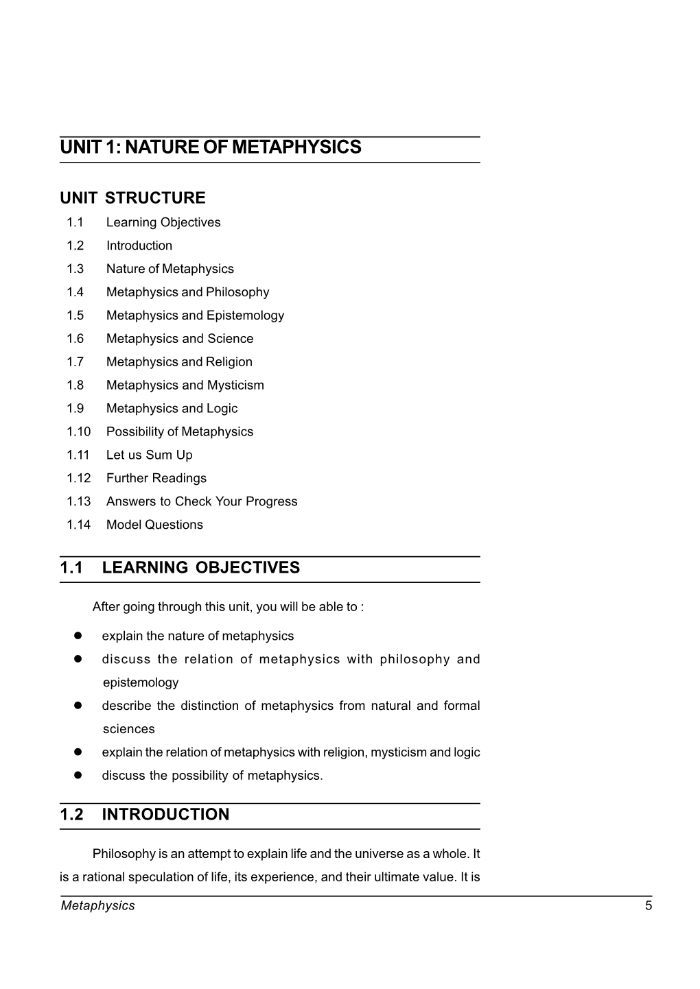 Unit 1: Nature of Metaphysics