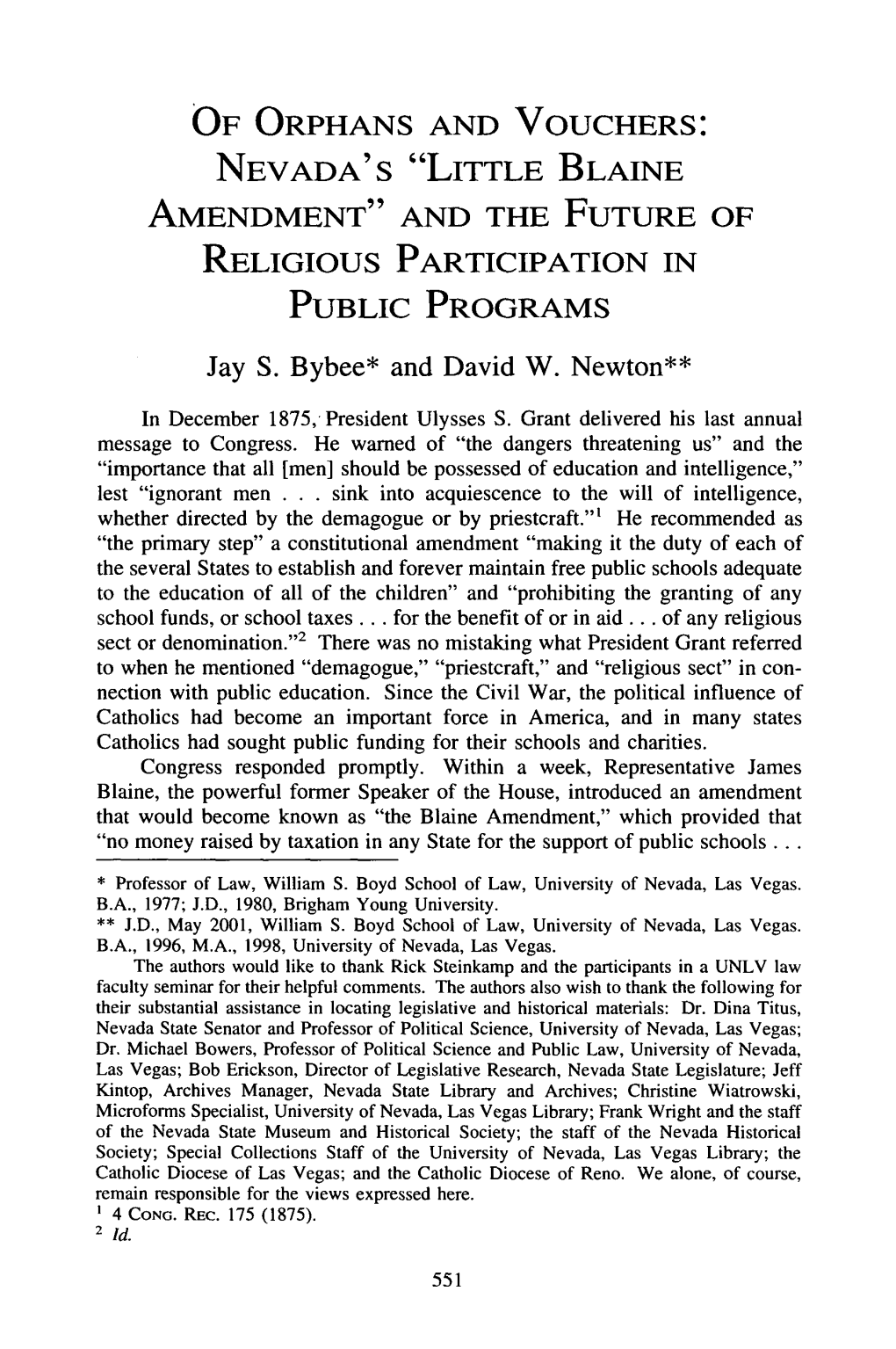 Of Orphans and Vouchers: Nevada's "Little Blaine Amendment" and the Future of Religious Participation in Public Programs