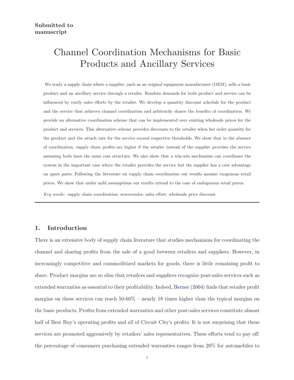Channel Coordination Mechanisms for Basic Products and Ancillary Services