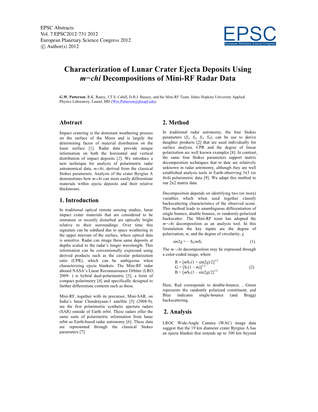 Characterization of Lunar Crater Ejecta Deposits Using M−Chi Decompositions of Mini-RF Radar Data