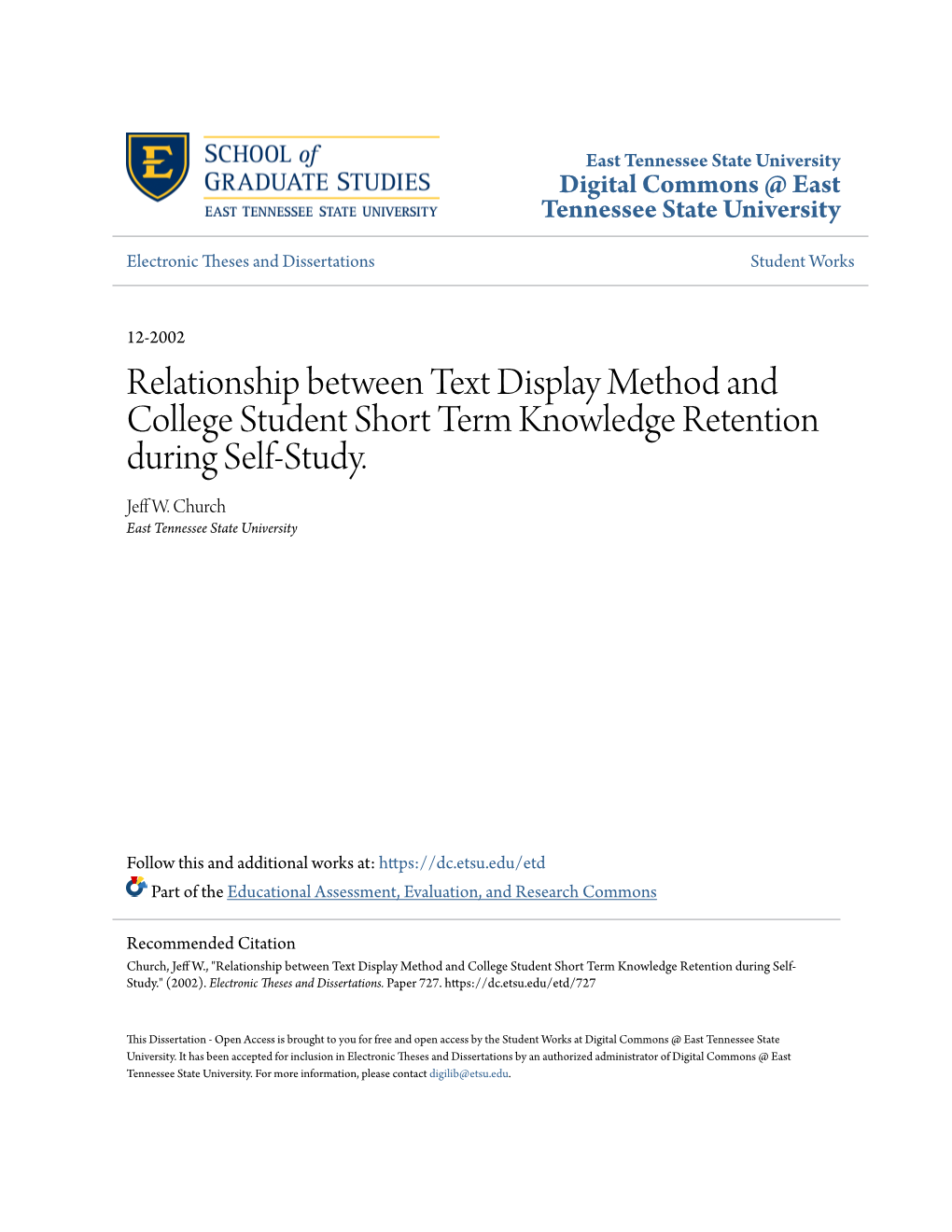 Relationship Between Text Display Method and College Student Short Term Knowledge Retention During Self-Study