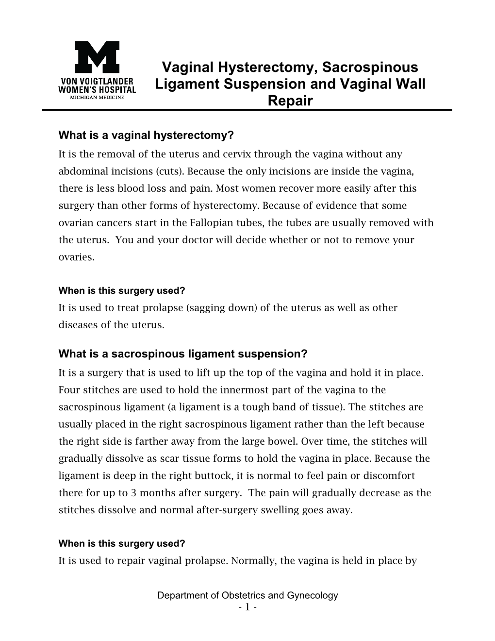 Vaginal Hysterectomy, Sacrospinous Ligament Suspension and Vaginal Wall Repair