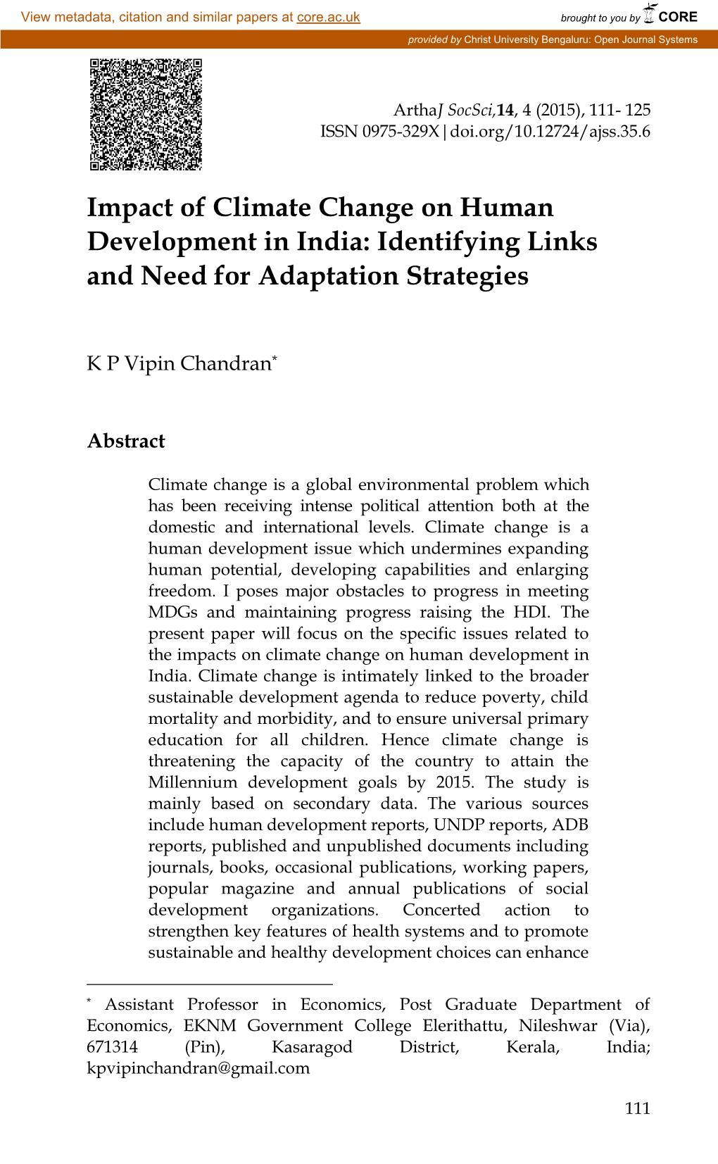 Impact of Climate Change on Human Development in India: Identifying Links and Need for Adaptation Strategies