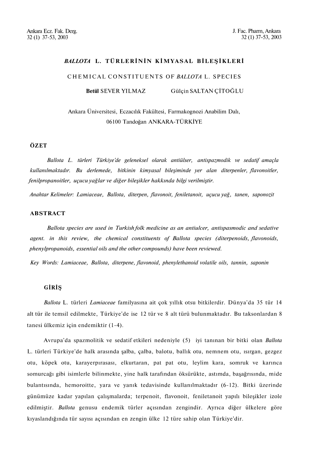 37-53, 2003 Ballota L. Türlerinin Kimyasal Bileşik