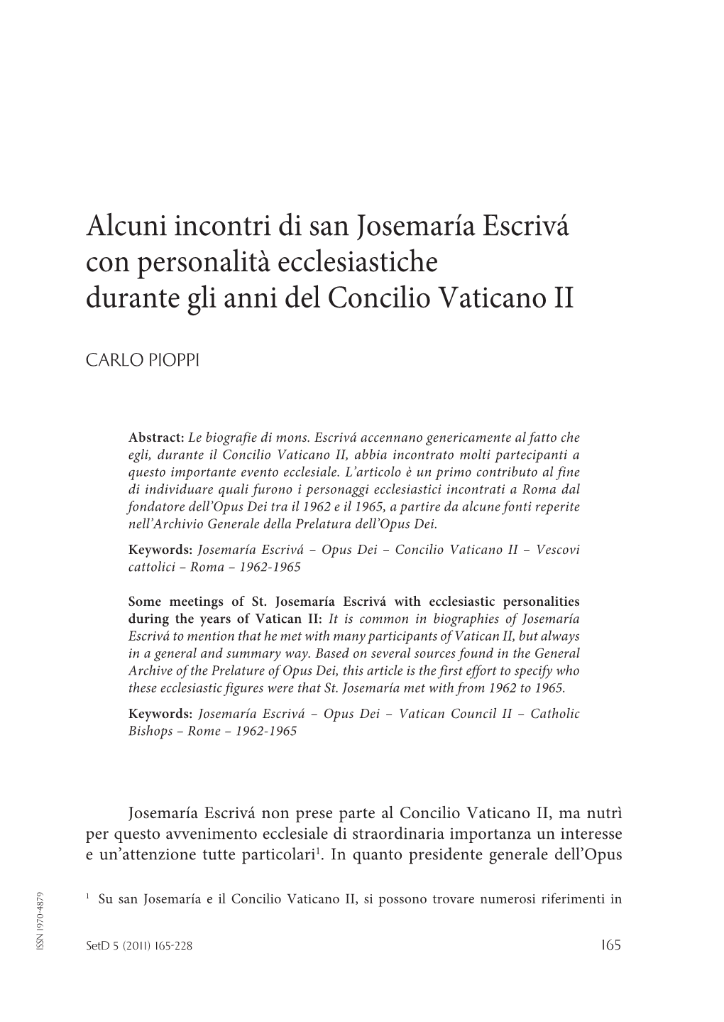 Alcuni Incontri Di San Josemaría Escrivá Con Personalità Ecclesiastiche Durante Gli Anni Del Concilio Vaticano II