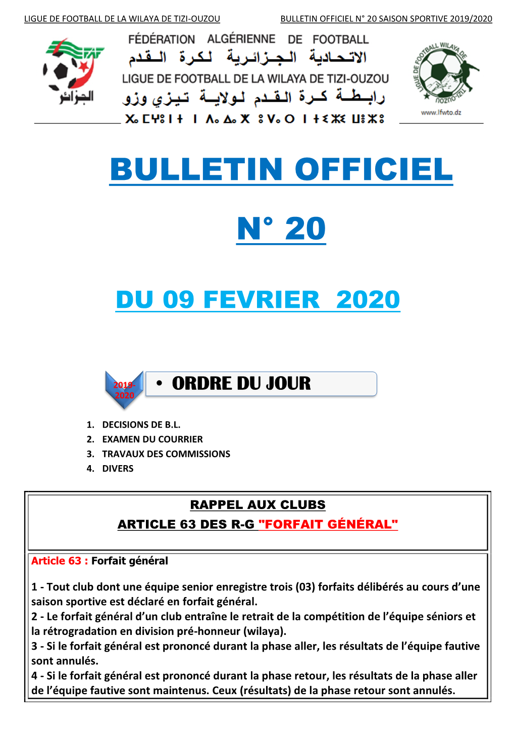 Bulletin Officiel N° 20 Saison Sportive 2019/2020