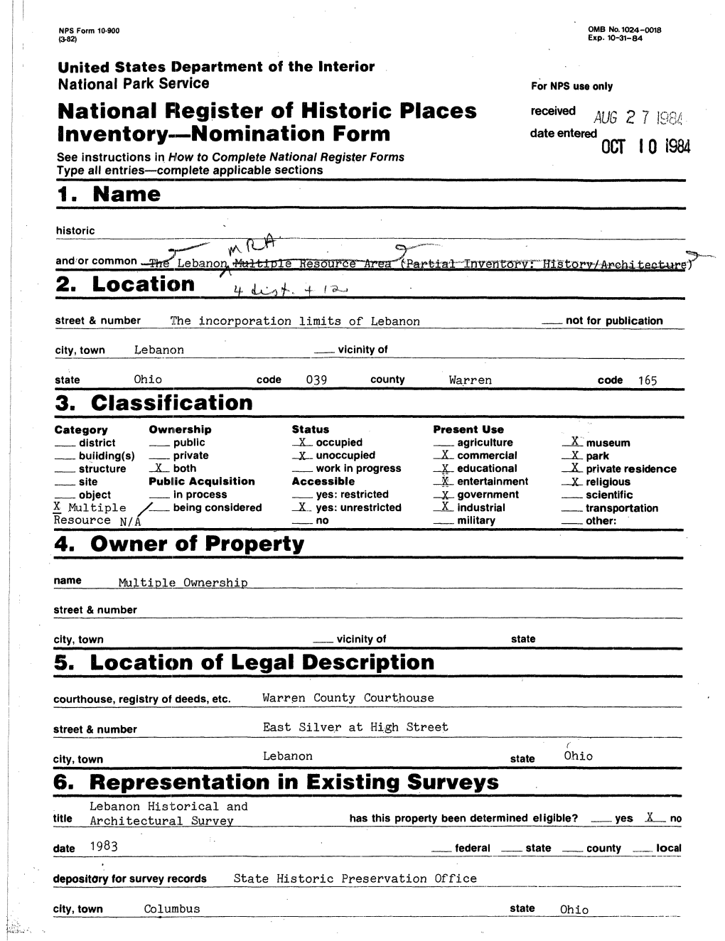 2. Location * 4 Street & Number the Incorporation Limits of Lebanon Not for Publication City, Town Lebanon Vicinity of State Ohio Code 039 County Warren Code 165 3