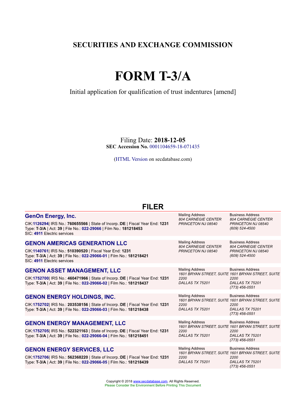Genon Energy, Inc. Form T-3/A Filed 2018-12-05