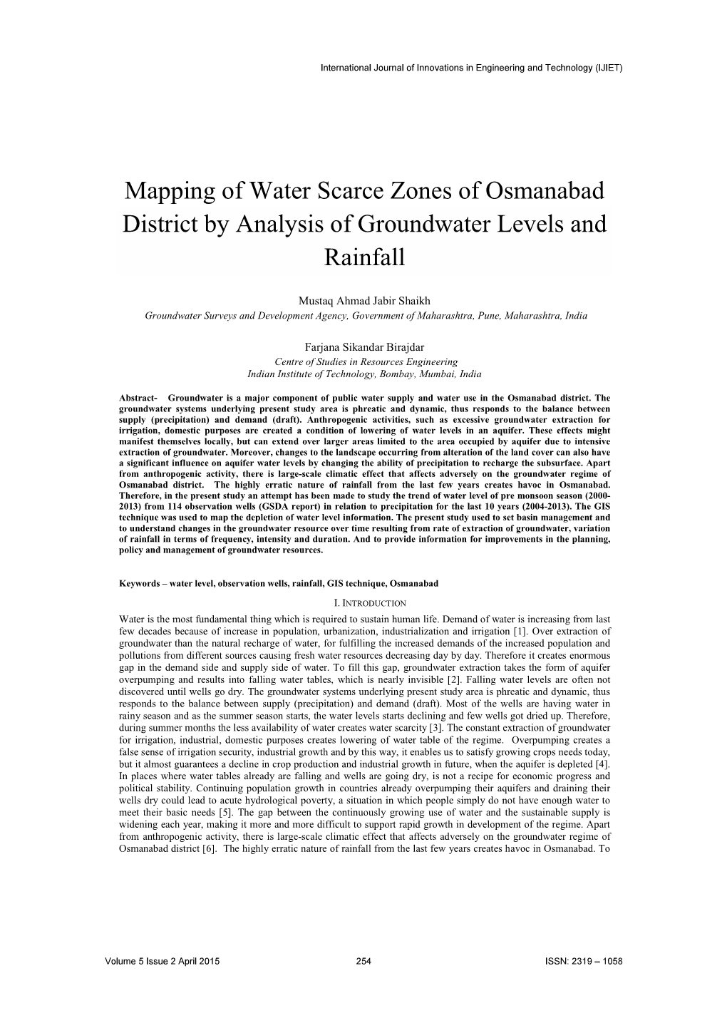 Mapping of Water Scarce Zones of Osmanabad District by Analysis of Groundwater Levels and Rainfall