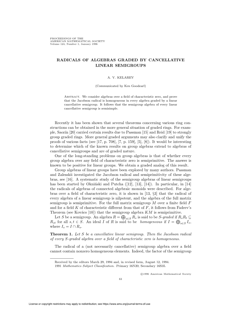 Radicals of Algebras Graded by Cancellative Linear Semigroups