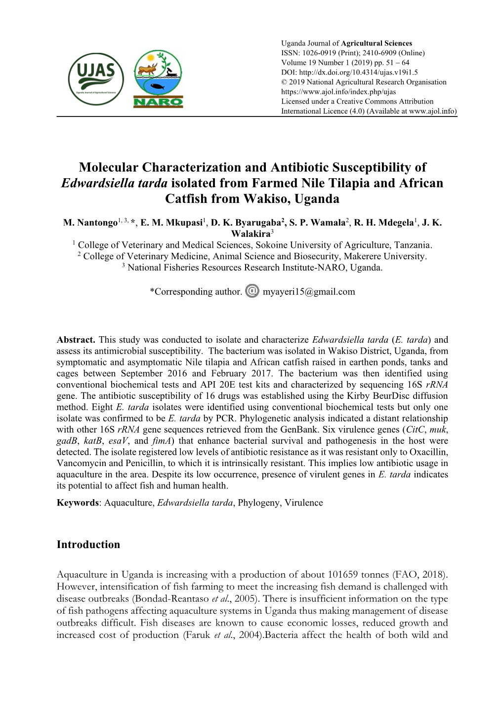 Molecular Characterization and Antibiotic Susceptibility of Edwardsiella Tarda