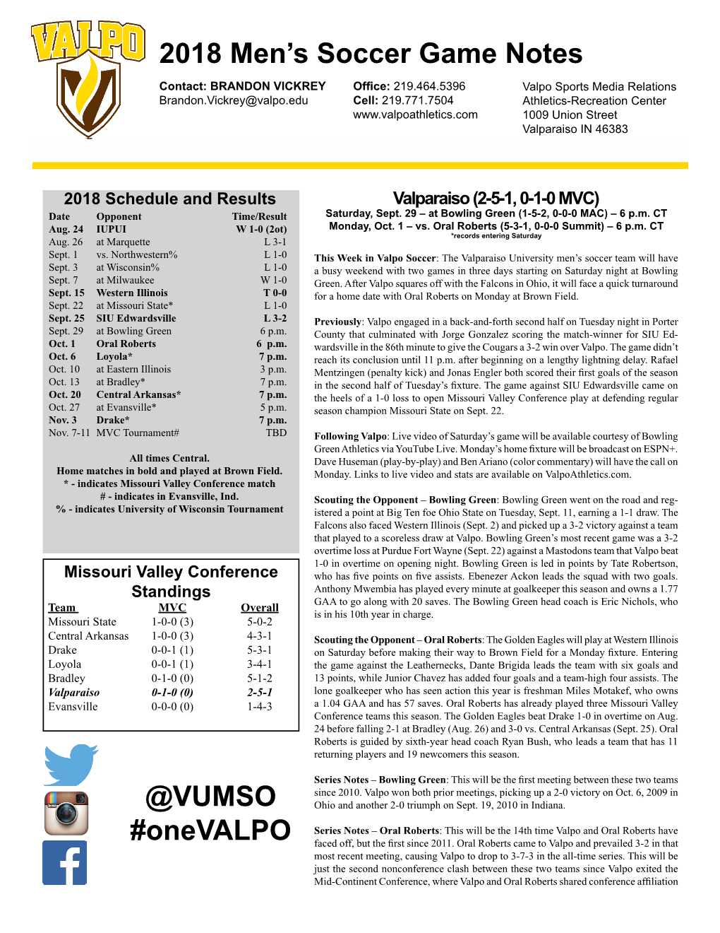 2018 Men's Soccer Game Notes @VUMSO #Onevalpo