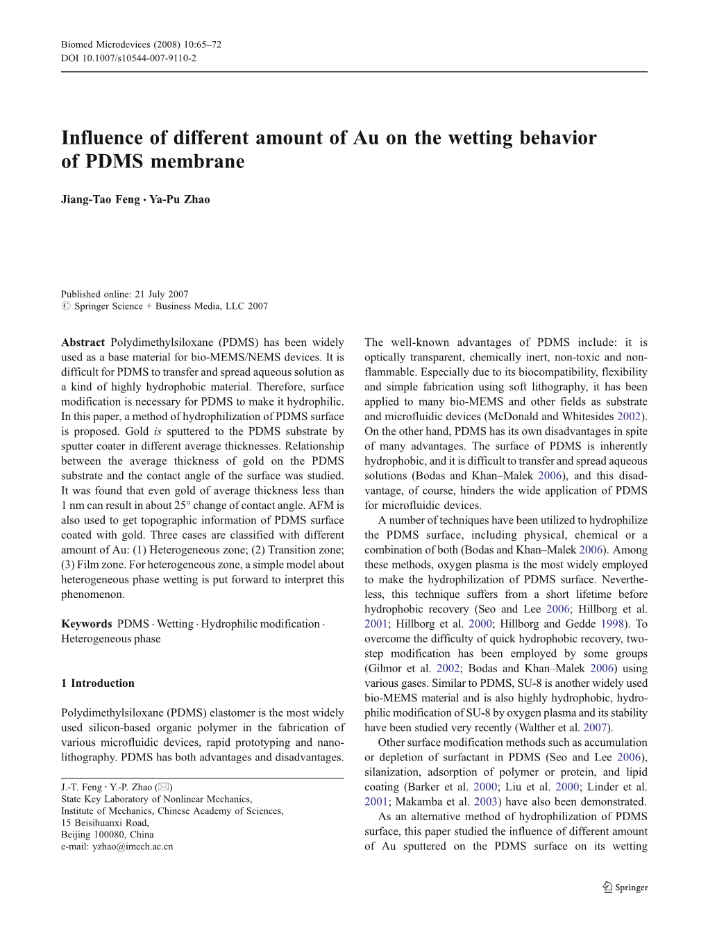 Influence of Different Amount of Au on the Wetting Behavior of PDMS Membrane