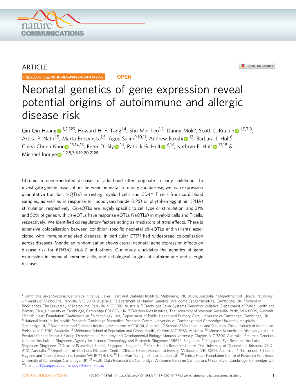 Neonatal Genetics of Gene Expression Reveal Potential Origins of Autoimmune and Allergic Disease Risk ✉ Qin Qin Huang 1,2,3 , Howard H