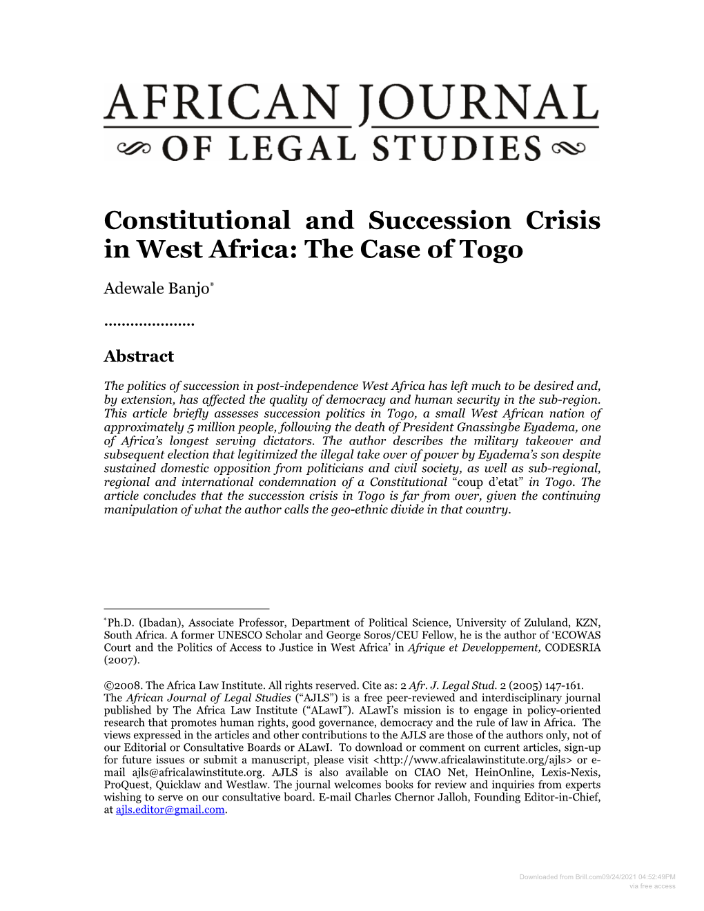 Constitutional and Succession Crisis in West Africa: the Case of Togo