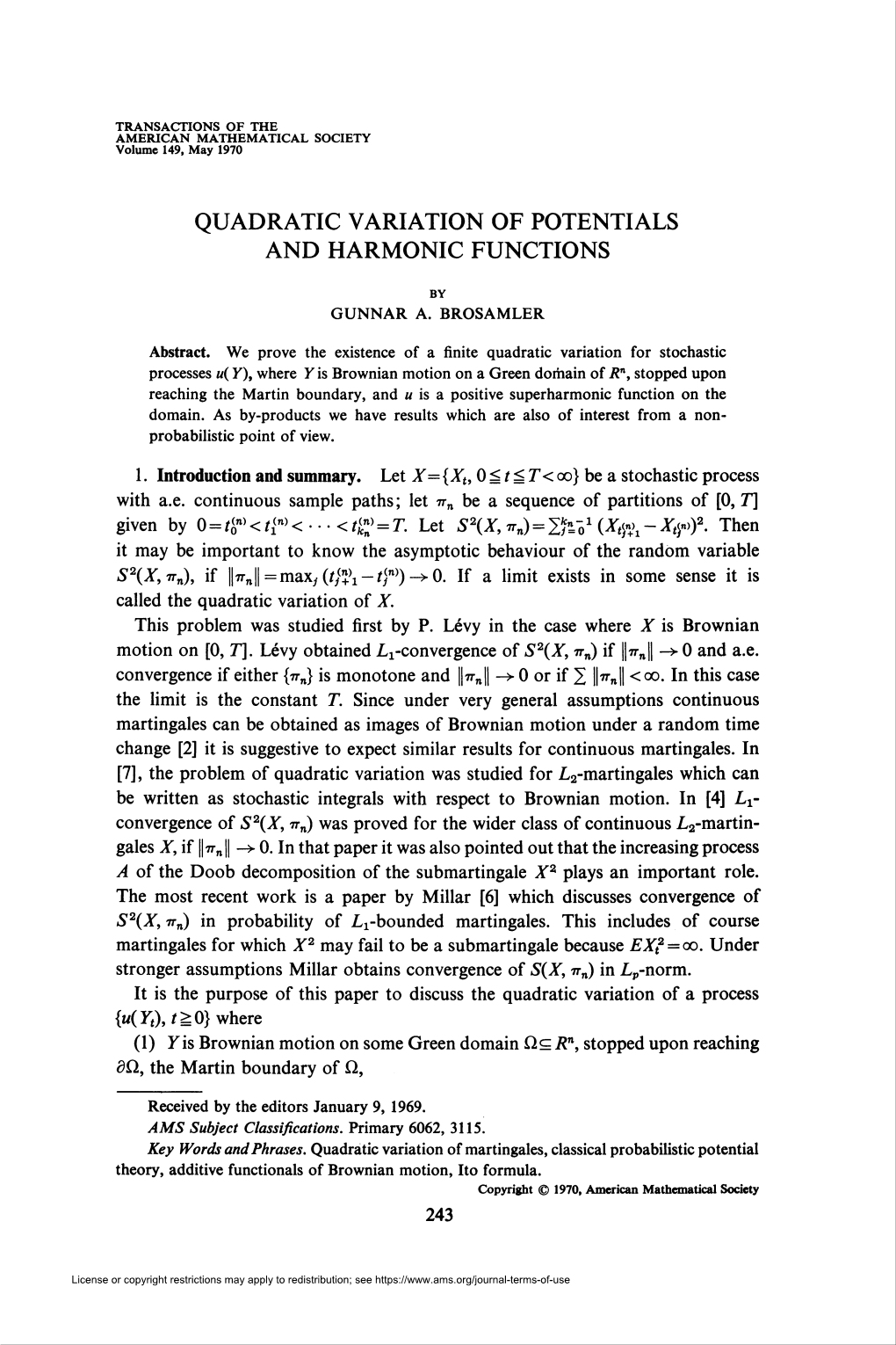 Quadratic Variation of Potentials and Harmonic Functions