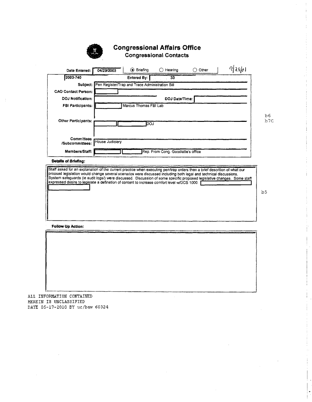 Congressional Affairs Office Congressional Contacts