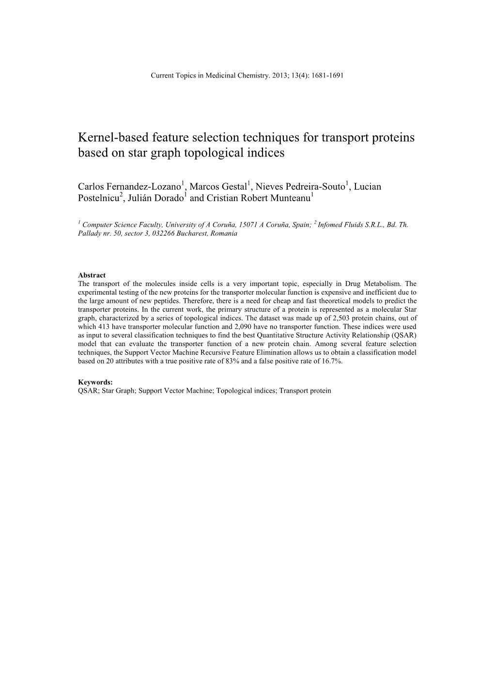 Kernel-Based Feature Selection Techniques for Transport Proteins Based on Star Graph Topological Indices