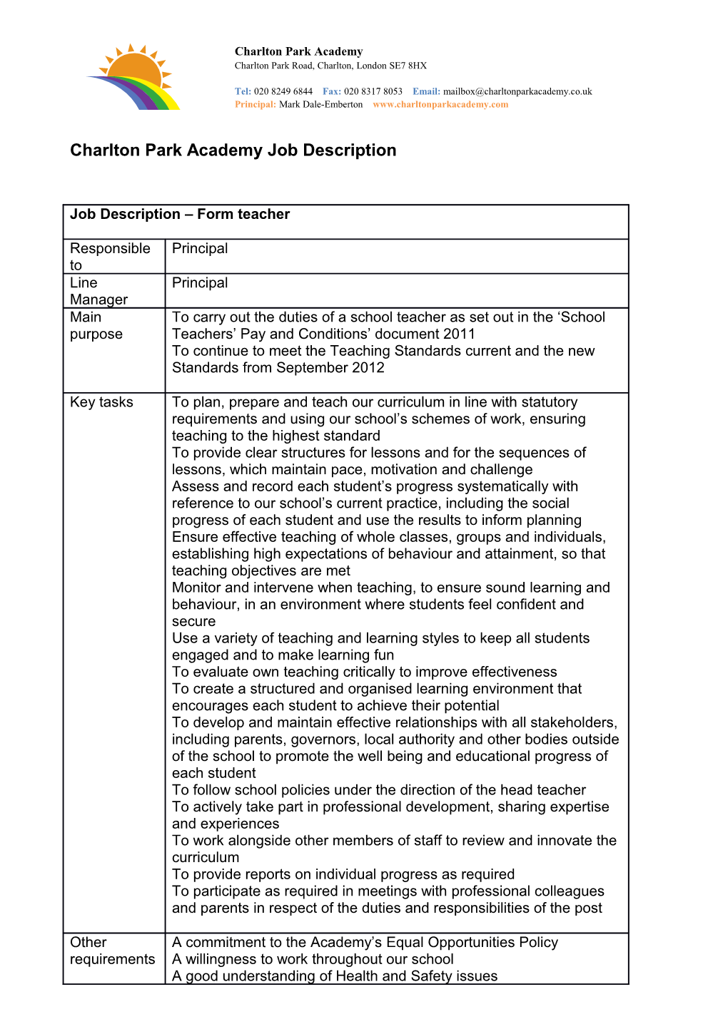 Charlton Park Academy Job Description