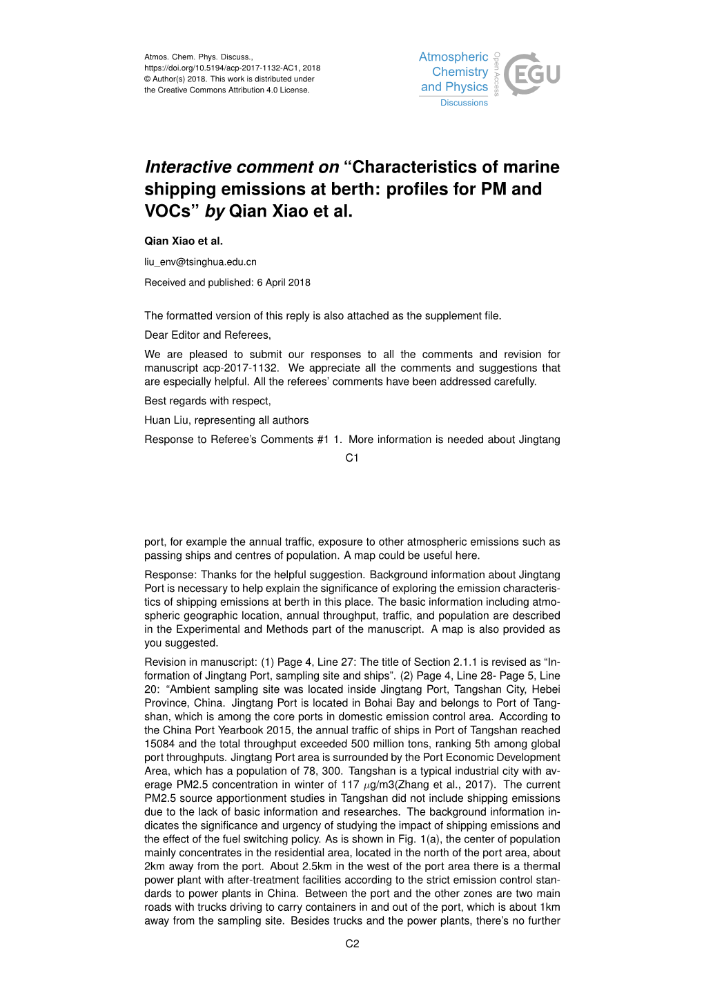 Interactive Comment on “Characteristics of Marine Shipping Emissions at Berth: Profiles for PM and Vocs” by Qian Xiao Et