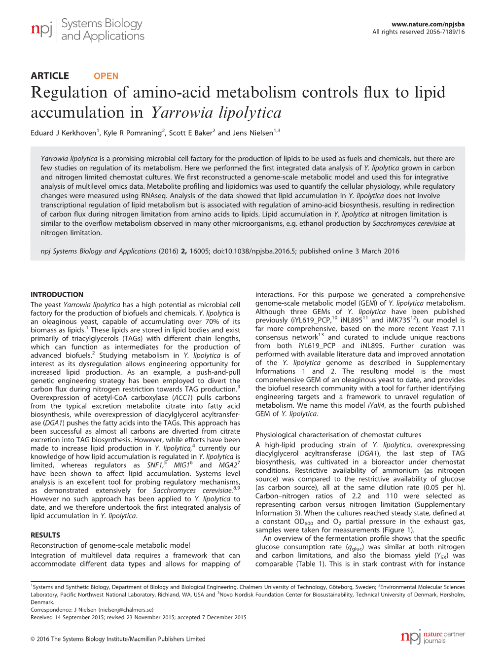 Regulation of Amino-Acid Metabolism Controls Flux to Lipid Accumulation in Yarrowia Lipolytica