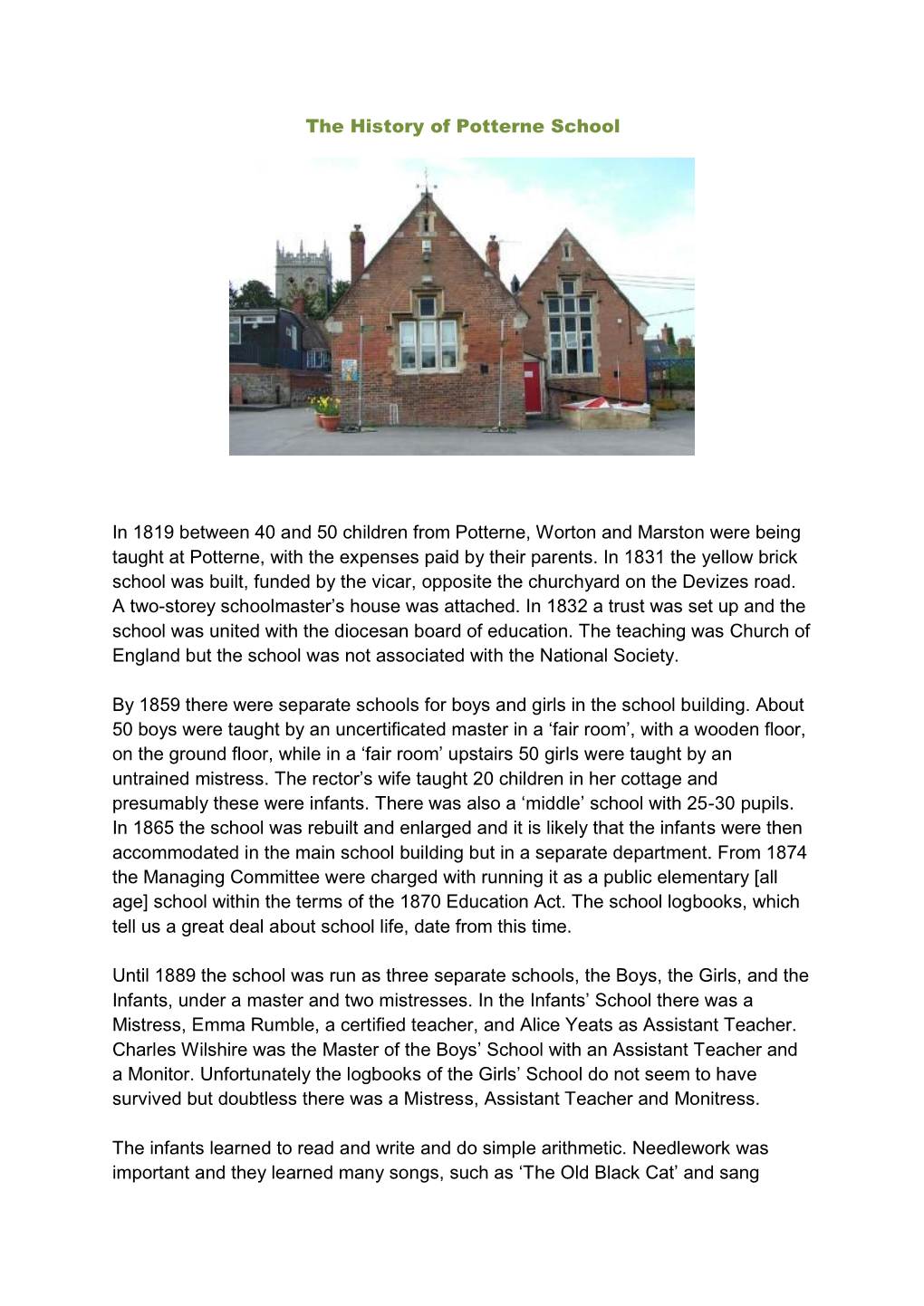 The History of Potterne School in 1819 Between 40