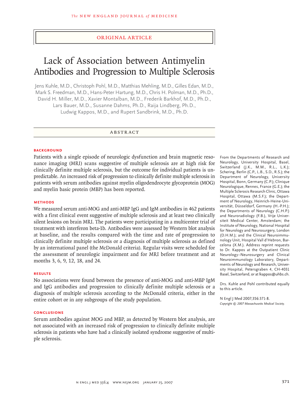 Lack of Association Between Antimyelin Antibodies and Progression to Multiple Sclerosis