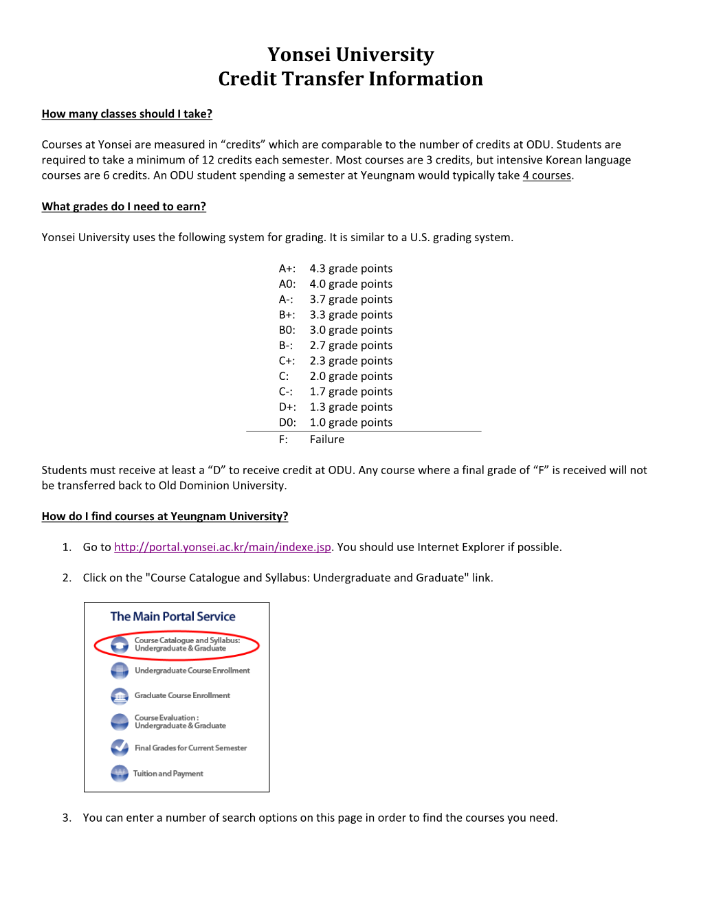 Yonsei University Credit Transfer Information