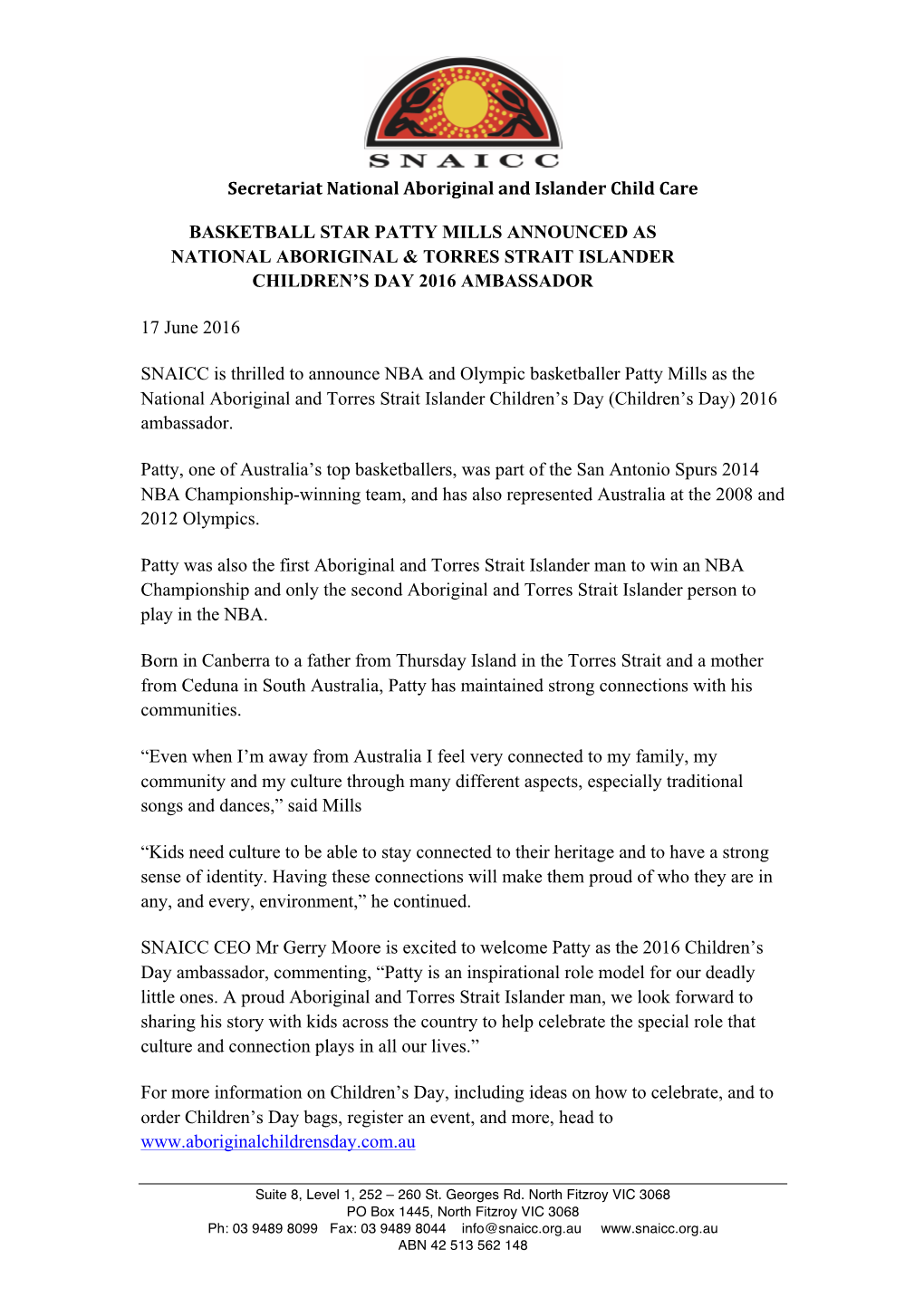 Media Release 17 June 2016 – Basketball Star Patty Mills