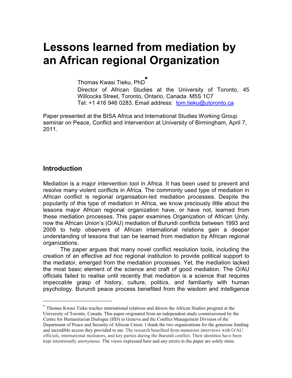 Lessons Learned from Mediation by an African Regional Organization
