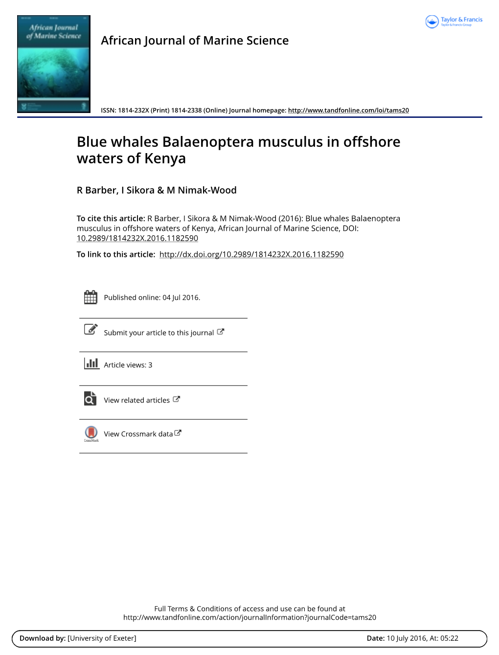 Blue Whales Balaenoptera Musculus in Offshore Waters of Kenya