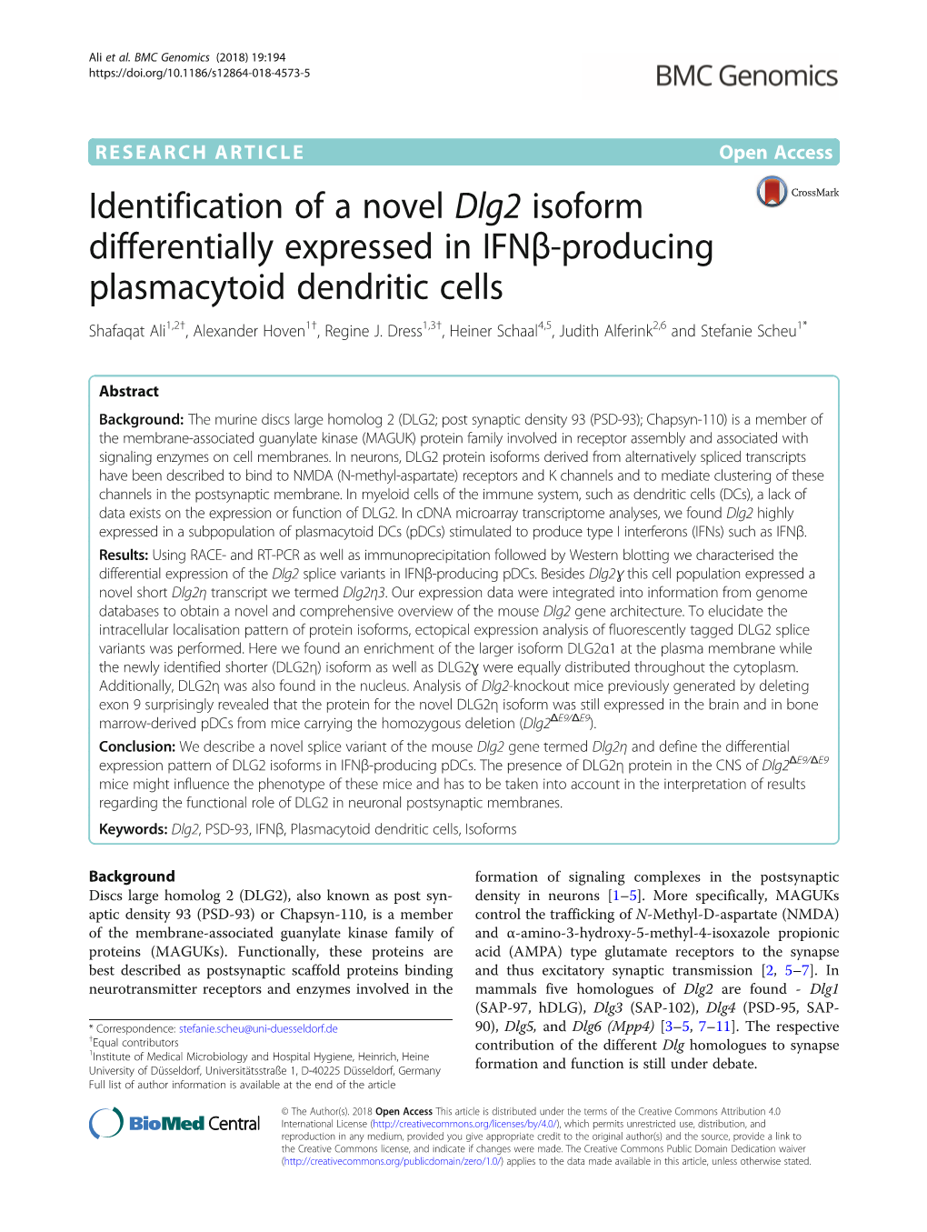 Identification of a Novel Dlg2 Isoform Differentially Expressed in Ifnβ-Producing Plasmacytoid Dendritic Cells Shafaqat Ali1,2†, Alexander Hoven1†, Regine J